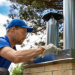 worker on the roof installing tin cap on the brick chimney